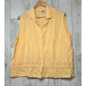 Vintage 1990s Magic Linen Blend Crochet & Embroidered Detail Yellow-Gold Top Sz.